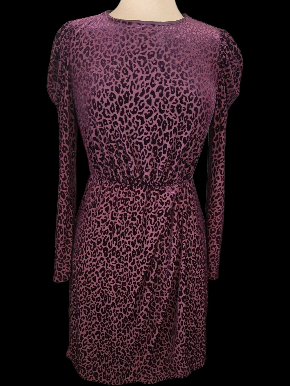 Express Long-Sleeve Burgundy Velvet Burnout Leopard Print Dress Sz S Petite